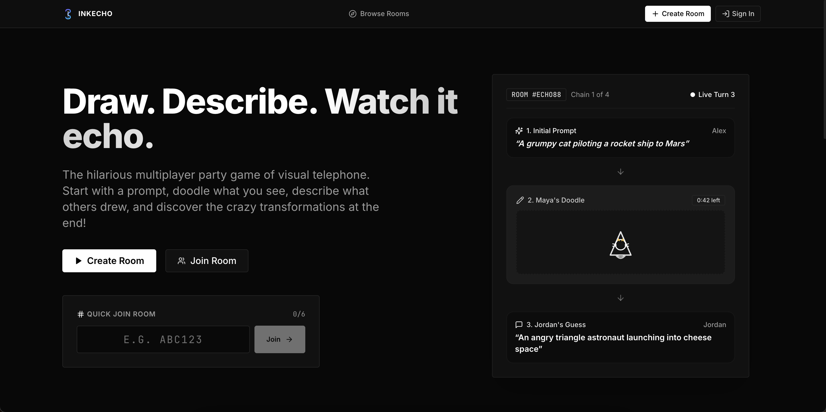 InkEcho realtime multiplayer drawing canvas, turn rotation state machine, and cinematic reveal carousel