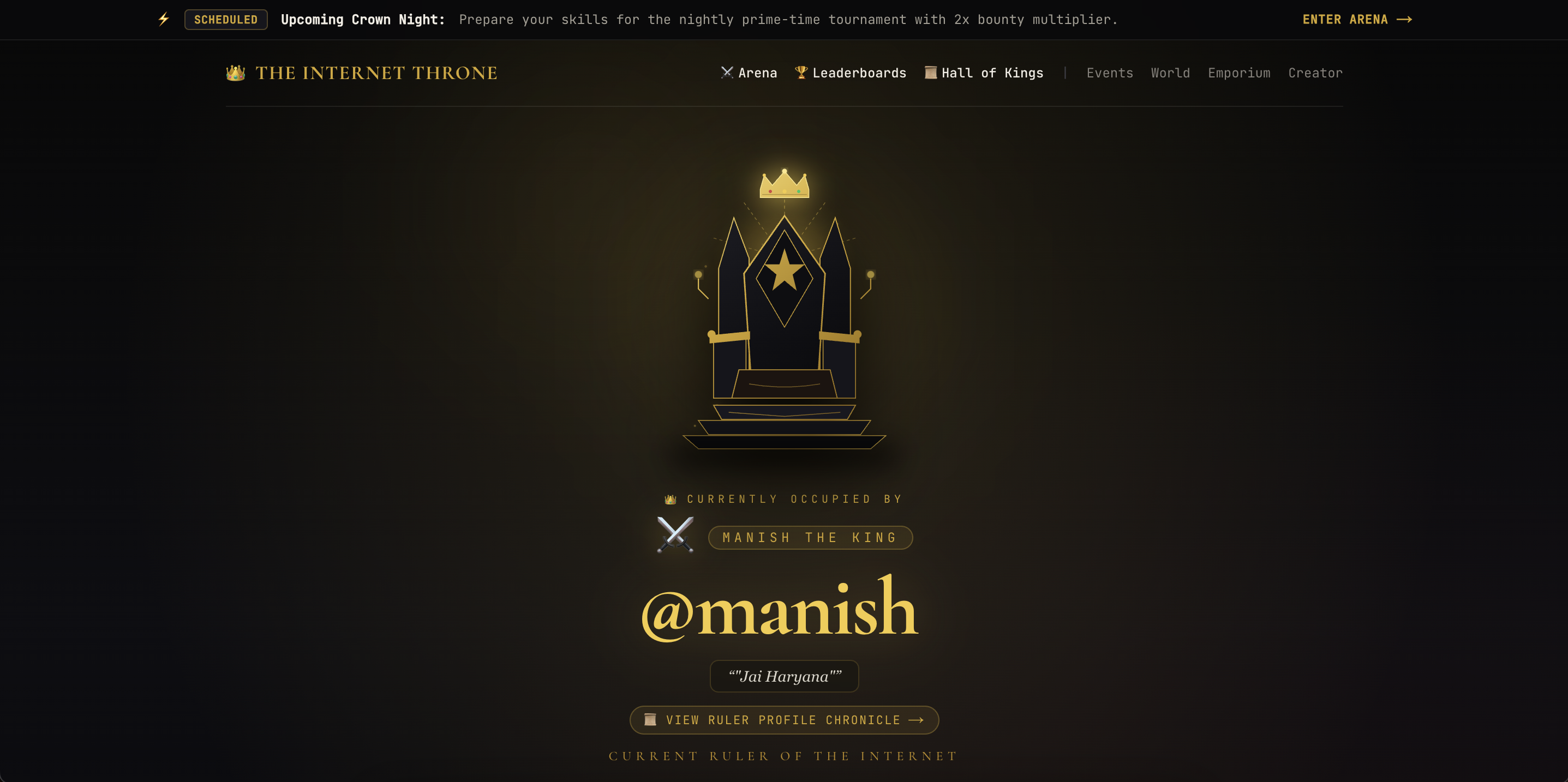 The Internet Throne live monarch visualizer, real-time battle arena, and Hall of Kings historical archive