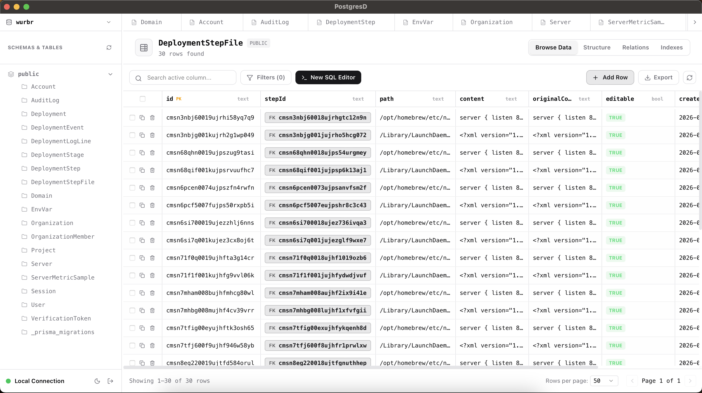 PostgresD desktop database studio interface, Prisma Studio-style relational navigation, and virtualized data grid
