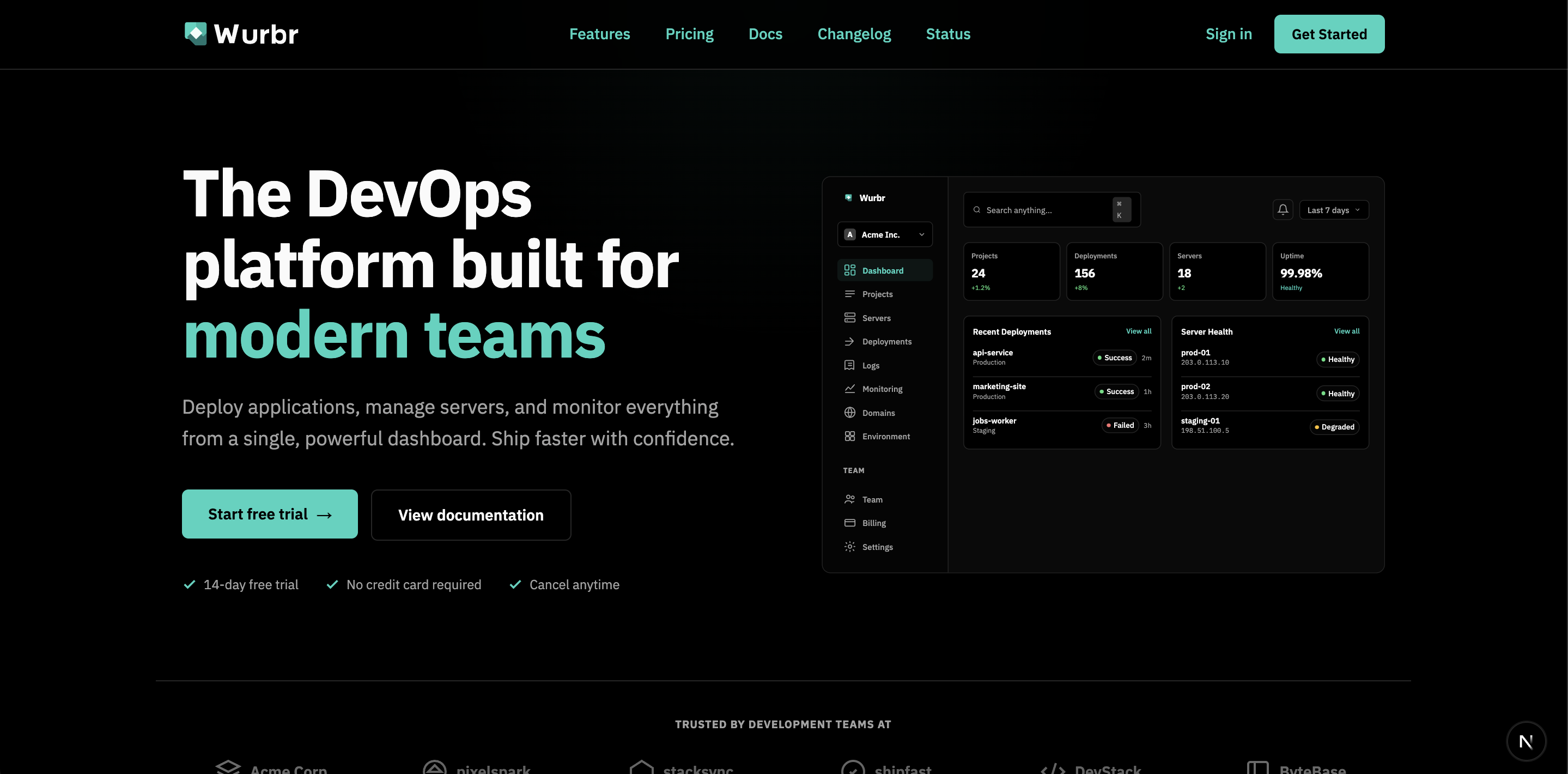 Wurbr autonomous deployment and operations platform dashboard, real-time log streaming, and VPS infrastructure manager